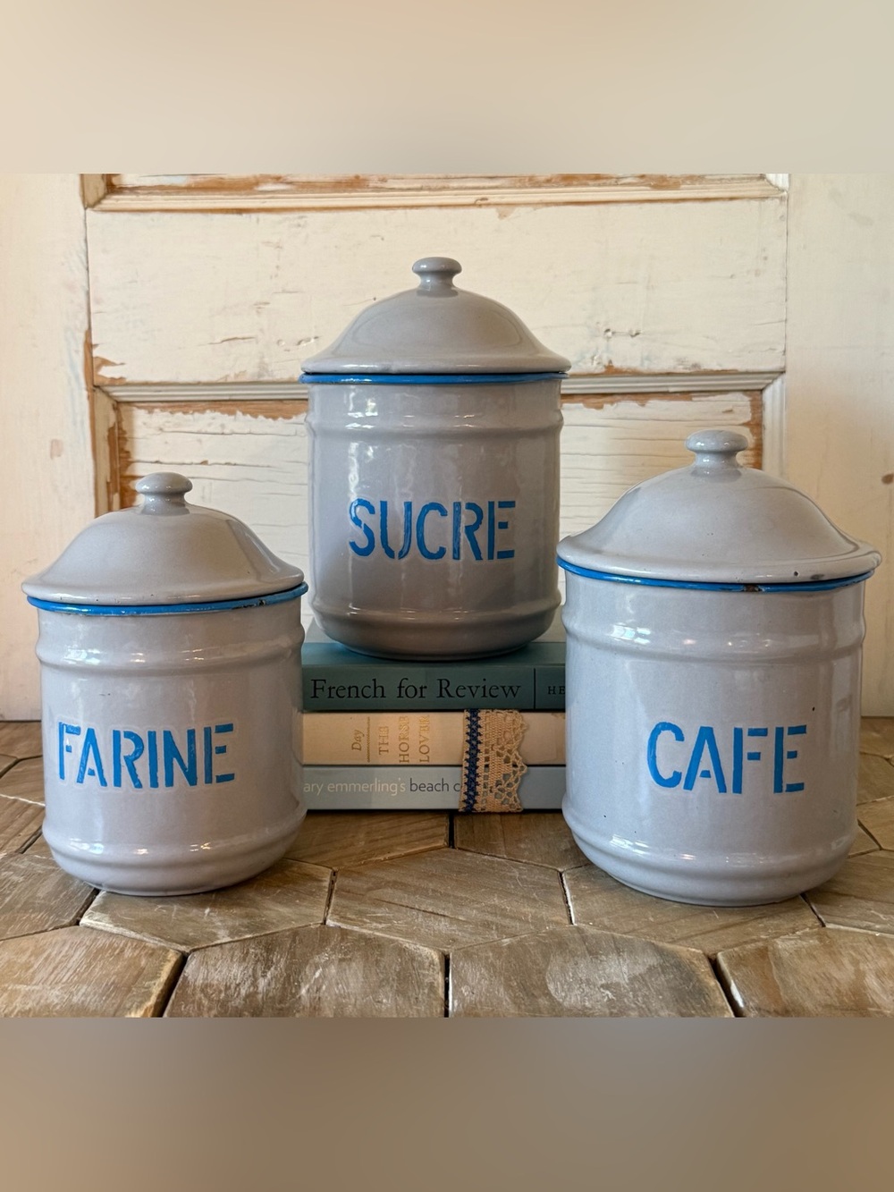 Vintage French Enamel Canisters;Sucre, Cafe & Farine,SET/3, Blue/Gray, Provence